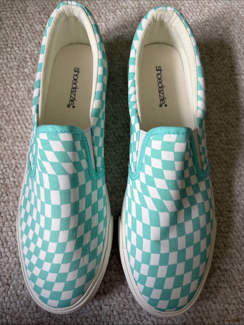 Shoe Dazzle Turquoise and White Checkerboard Slip-On Sneakers